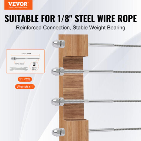 VEVOR 51 Pack Cable Railing Swage Threaded Stud Tension End Fitting Terminal for 3.2mm Deck Cable Railing, T316 Stainless Steel, Cable Railing Tensioner 3.2mm for Wood/Metal Post, Silver