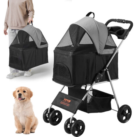 VEVOR Pet Stroller, 4 Wheels Dog Stroller Rotate with Brakes, 35lbs Weight Capacity, Puppy Stroller with Detachable Carrier, Storage Basket and Cup Holder, for Dogs and Cats Travel, Black+Dark Grey