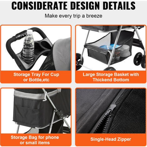 VEVOR Pet Stroller, 4 Wheels Dog Stroller Rotate with Brakes, 35lbs Weight Capacity, Puppy Stroller with Detachable Carrier, Storage Basket and Cup Holder, for Dogs and Cats Travel, Black+Dark Grey