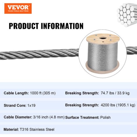 VEVOR Stainless Steel Cable 3/16"x 1000ft, T316 Marine Grade Deck Cable Railing, 1x19 Strands Construction Braided Aircraft Cable for Deck Rail String Lights Hanging Porch Fence DIY Baluster