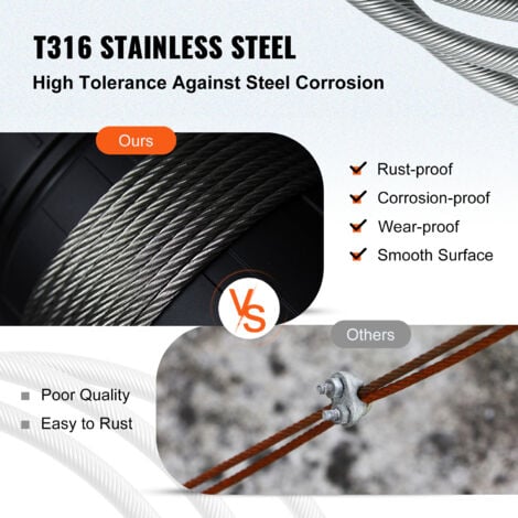 VEVOR Stainless Steel Cable 3/16"x 1000ft, T316 Marine Grade Deck Cable Railing, 1x19 Strands Construction Braided Aircraft Cable for Deck Rail String Lights Hanging Porch Fence DIY Baluster