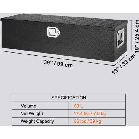 VEVOR Heavy Duty Aluminum Truck Bed Tool Box, Diamond Plate Tool Box with Side Handle and Lock Keys, Storage Tool Box Chest Box Organizer for Pickup, Truck Bed, RV, Trailer, 39"x13"x10", Black