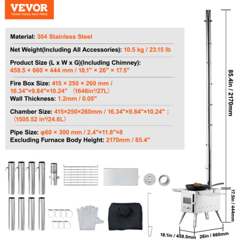 VEVOR Wood Stove, 86 inch, Stainless Steel Camping Tent Stove, Portable Wood Burning Stove with Chimney Pipes & Gloves, 3000in³Firebox Hot Tent Stove for Outdoor Cooking and Heating with 8 Pipes