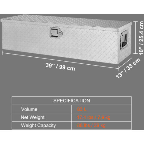 VEVOR Heavy Duty Aluminum Truck Bed Tool Box, Diamond Plate Tool Box with Side Handle and Lock Keys, Storage Tool Box Chest Box Organizer for Pickup, Truck Bed, RV, Trailer, 39"x13"x10", Silver