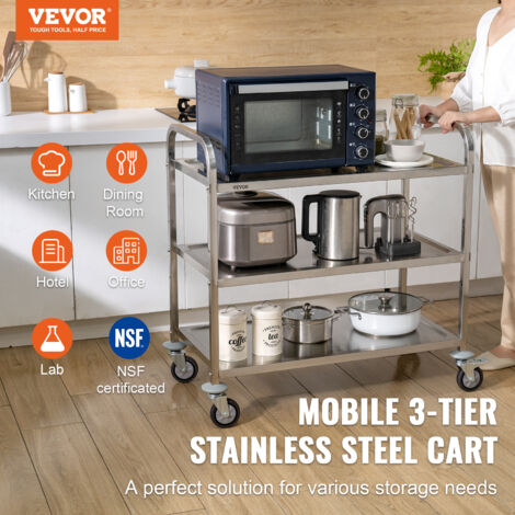 AQNIEGEP Stainless Steel Utility Cart, 3-Tier Heavy-Duty Kitchen Cart With Lockable Wheels, 400lbs Capacity For Restaurant, Lab, Office - Commercial Grade & Easy Assembly