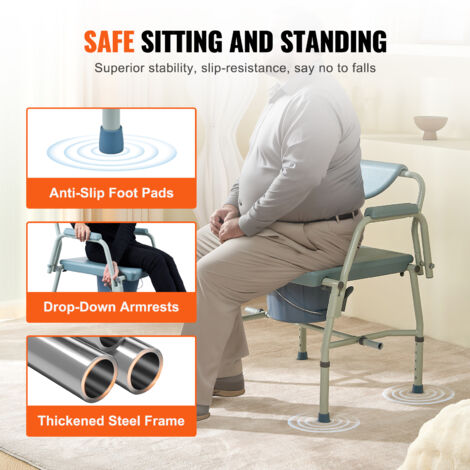Mophorn Commode Chair, Bedside Commode with Drop-Down Arms and Detachable Backrest, 5-Level Adjustable Height, 7L Removable Bucket, Easy to Assemble, 1000LBS Capacity, Portable Toilet for Adults Senio