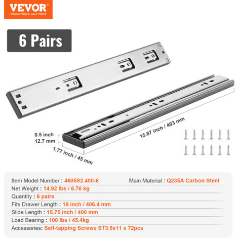 6 Pairs Black Soft-Close Drawer Slides 16 Inch - 100lb Capacity Full Extension Ball Bearing Slides