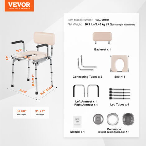 Mophorn Commode Chair, Bedside Commode with Padded Seat, Drop-Down Arms, 7-Level Adjustable Height, 5.8L Removable Bucket, Easy to Assemble, 350LBS Capacity, Portable Toilet for Adults Seniors