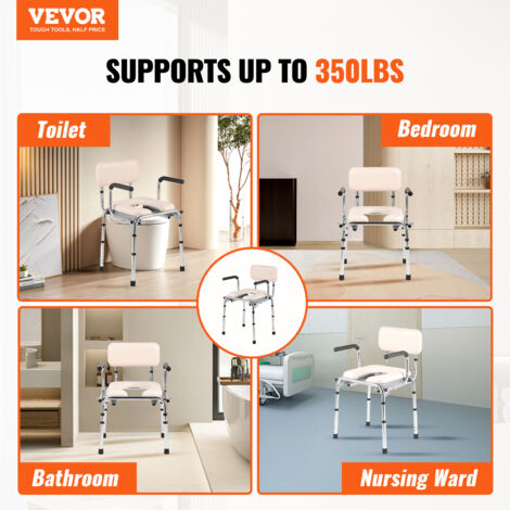 Mophorn Commode Chair, Bedside Commode with Padded Seat, Drop-Down Arms, 7-Level Adjustable Height, 5.8L Removable Bucket, Easy to Assemble, 350LBS Capacity, Portable Toilet for Adults Seniors