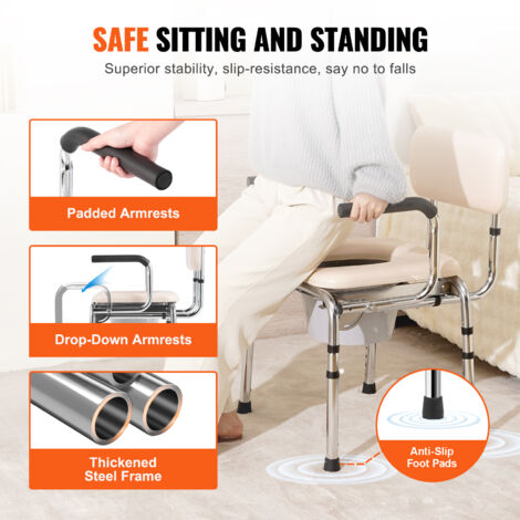 Mophorn Commode Chair, Bedside Commode with Padded Seat, Drop-Down Arms, 7-Level Adjustable Height, 5.8L Removable Bucket, Easy to Assemble, 350LBS Capacity, Portable Toilet for Adults Seniors