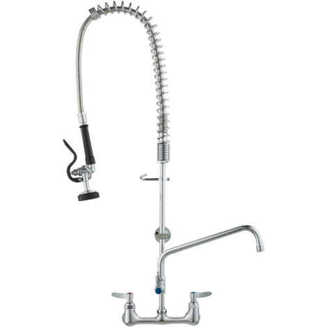 Mophorn Commercial Faucet with Pre-Rinse Sprayer, 36" Height, 8" Center, 12" Swing Spout, Wall Mount Kitchen Sink Faucet, Brass Constructed Device with Pull Down Spray, for 1/2/3 Compartment Sink
