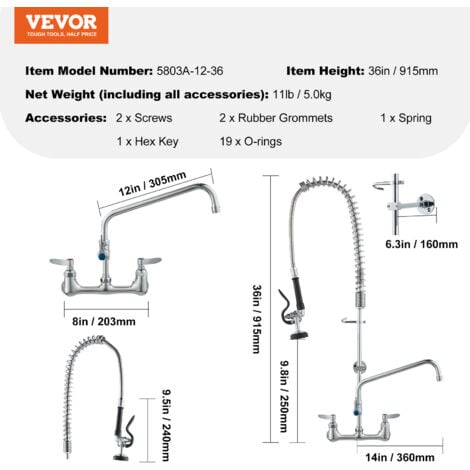 Mophorn Commercial Faucet with Pre-Rinse Sprayer, 36" Height, 8" Center, 12" Swing Spout, Wall Mount Kitchen Sink Faucet, Brass Constructed Device with Pull Down Spray, for 1/2/3 Compartment Sink
