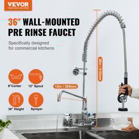 Mophorn Commercial Faucet with Pre-Rinse Sprayer, 36" Height, 8" Center, 12" Swing Spout, Wall Mount Kitchen Sink Faucet, Brass Constructed Device with Pull Down Spray, for 1/2/3 Compartment Sink