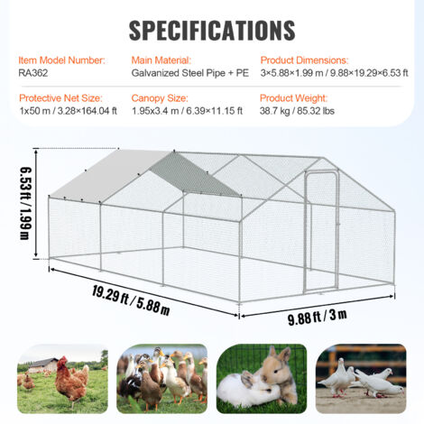 Mophorn Large Metal Chicken Coop, 9.8x19.3x6.5 ft Walk-in Chicken Runs for Yard with Cover, Spire Roof Hen House with Security Lock for Outdoor and Backyard, Farm, Duck Rabbit Cage Poultry Pen