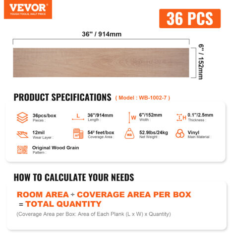 Mophorn Self Adhesive Vinyl Floor Tiles 36 x 6 inch, 36 Tiles 2.5mm Thick Peel & Stick, Natural Wood Grain DIY Flooring for Kitchen, Dining Room, Bedrooms & Bathrooms, Easy for Home Decor