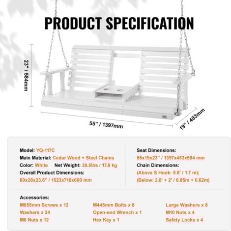 Mophorn Wooden Porch Swing 5 ft, Patio bench swing for Courtyard & Garden, Upgraded 880 lbs Strong Load Capacity, Heavy Duty Swing Chair Bench with Hanging Chains for Outdoors, White