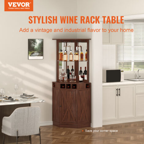 VEVOR Corner Industrial Bar Cabinet Wine Table for Liquor Glasses Sideboard Buffet Cabinet with Glass Holder Freestanding Farmhouse Wood Coffee Bar