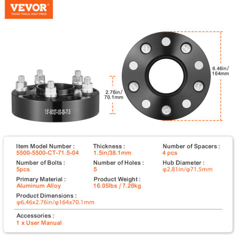 KSP 5X5 Wheel Spacers 1.5 Forged Hubcentric 1/2 x20 Stud Hub Bore 71.5 for 1999-2010 Grand