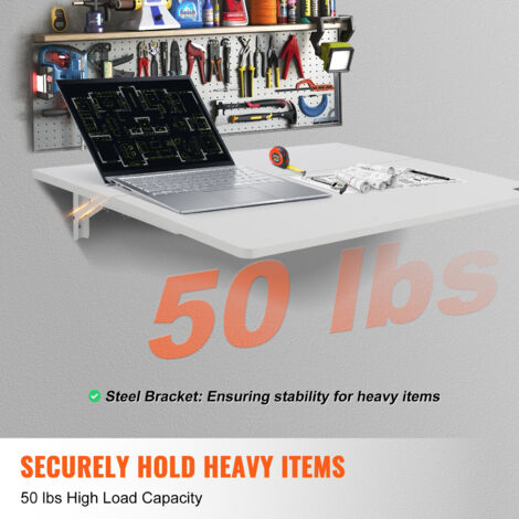 VEVOR Wall Mounted Folding Table, 31.5" x 19.69" Wall Mount Drop Leaf Table, Floating Desk with Iron Bracket, Fold Down Desk for Small Spaces, Home Office, Dining, Laundry Room, Kitchen, Bar, White