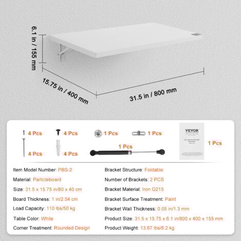 VEVOR Wall Mounted Folding Table, 31.5" x 15.75" Wall Mount Drop Leaf Table, Floating Desk with Iron Bracket, Fold Down Desk for Small Spaces, Home Office, Dining, Laundry Room, Kitchen, Bar, White