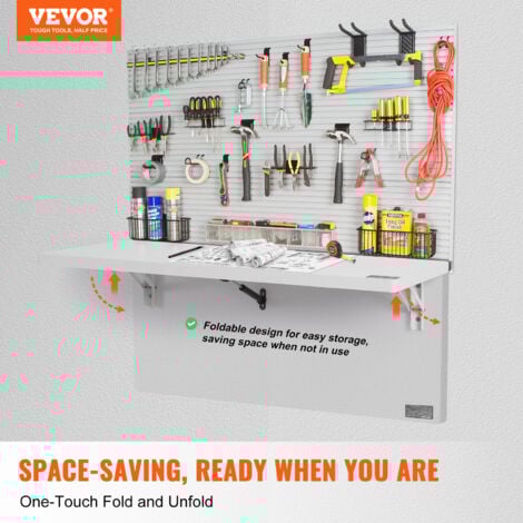 VEVOR Wall Mounted Folding Table, 31.5" x 15.75" Wall Mount Drop Leaf Table, Floating Desk with Iron Bracket, Fold Down Desk for Small Spaces, Home Office, Dining, Laundry Room, Kitchen, Bar, White