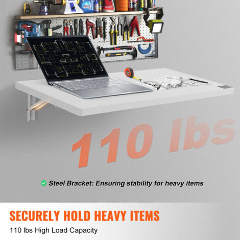 VEVOR Wall Mounted Folding Table, 31.5" x 15.75" Wall Mount Drop Leaf Table, Floating Desk with Iron Bracket, Fold Down Desk for Small Spaces, Home Office, Dining, Laundry Room, Kitchen, Bar, White