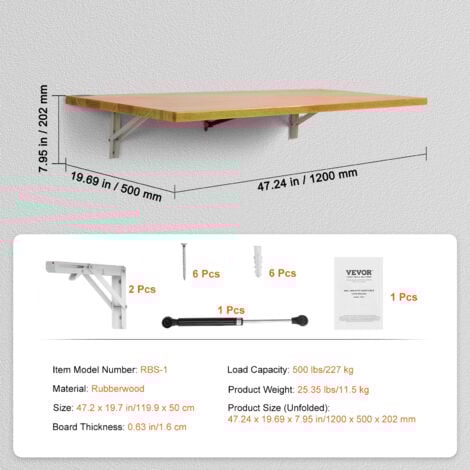 VEVOR Wall Mounted Folding Table, 47.24" x 19.69" Wall Mount Drop Leaf Table, Wooden Floating Desk with Iron Bracket, Fold Down Desk for Small Spaces, Home Office, Dining, Laundry Room, Kitchen, Bar
