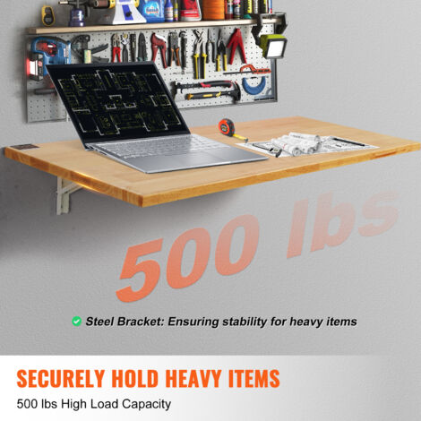 VEVOR Wall Mounted Folding Table, 47.24" x 19.69" Wall Mount Drop Leaf Table, Wooden Floating Desk with Iron Bracket, Fold Down Desk for Small Spaces, Home Office, Dining, Laundry Room, Kitchen, Bar