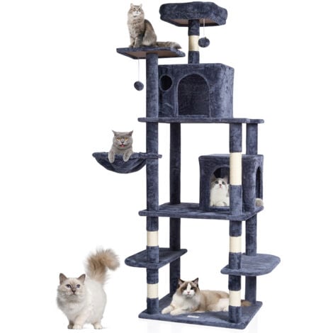 VEVOR Cat Tree for Indoor Cats 68.5 Cat Tower with 2 Cat Condos Sisal Scratching Post Hammock Top Perch Jumping Platforms Large Cat Furniture Activity Center with Hang Ball Dark Grey