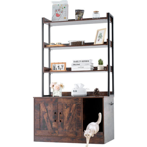 VEVOR Cat Litter Box Enclosure, Hidden Litter Box Furniture with 3 Storage Shelves, Wooden Cat Washroom Indoor, Large Cat House Cabinet Hidden Fit Most Litter Box, 33.5"L x 19.3"W x 58.7"H, Dark Brown