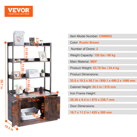 VEVOR Cat Litter Box Enclosure, Hidden Litter Box Furniture with 3 Storage Shelves, Wooden Cat Washroom Indoor, Large Cat House Cabinet Hidden Fit Most Litter Box, 33.5"L x 19.3"W x 58.7"H, Dark Brown