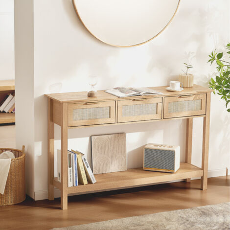 VEVOR Rattan Console Table with 3 Storage Drawers Rattan Entryway Table with Natural Rattan Sliding Door Console Sofa Table for Living Room Study Entryway Or TV Wall Natural