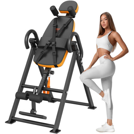 VEVOR Inversion Table, 300lbs Capacity Heavy Duty Inversion Table, Decompression Back Stretcher Machine, Strength Training Equipment with Headrest, Ankle Lock, Adjustable Protective Belt, Orange/Black