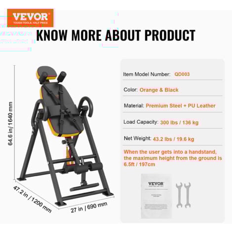 VEVOR Inversion Table, 300lbs Capacity Heavy Duty Inversion Table, Decompression Back Stretcher Machine, Strength Training Equipment with Headrest, Ankle Lock, Adjustable Protective Belt, Orange/Black