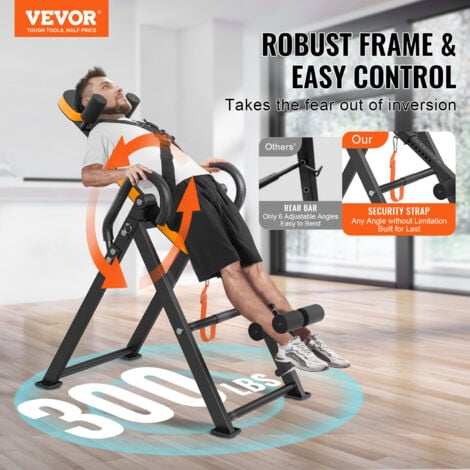 VEVOR Inversion Table, 300lbs Capacity Heavy Duty Inversion Table, Decompression Back Stretcher Machine, Strength Training Equipment with Headrest, Ankle Lock, Adjustable Protective Belt, Orange/Black