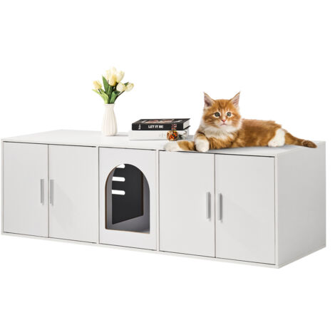 VEVOR Cat Litter Box Enclosure for 2 Cats, Litter Box Furniture Hidden with Double Rooms, Wooden Cat Box Cabinet Fit Most of Litter Box, 57.9"L x 18.3"W  x 17.9"H, White