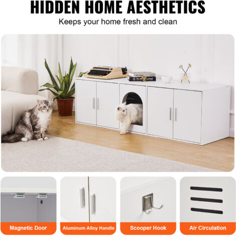 VEVOR Cat Litter Box Enclosure for 2 Cats, Litter Box Furniture Hidden with Double Rooms, Wooden Cat Box Cabinet Fit Most of Litter Box, 57.9"L x 18.3"W  x 17.9"H, White