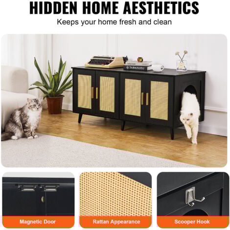 VEVOR Cat Litter Box Enclosure for 2 Cats, Litter Box Furniture Hidden with Rattan Decorated Doors, Wooden Cat Box Cabinet Fit Most of Litter Box, 47.2"L x 19.7"W x 21.7"H, Black