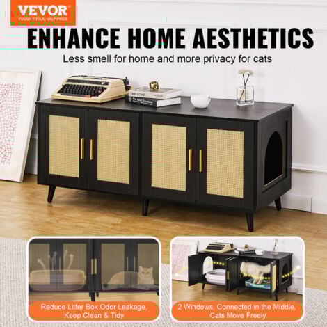 VEVOR Cat Litter Box Enclosure for 2 Cats, Litter Box Furniture Hidden with Rattan Decorated Doors, Wooden Cat Box Cabinet Fit Most of Litter Box, 47.2"L x 19.7"W x 21.7"H, Black