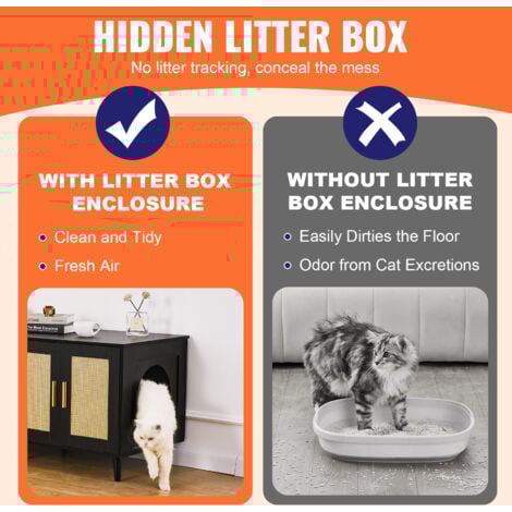 VEVOR Cat Litter Box Enclosure for 2 Cats, Litter Box Furniture Hidden with Rattan Decorated Doors, Wooden Cat Box Cabinet Fit Most of Litter Box, 47.2"L x 19.7"W x 21.7"H, Black