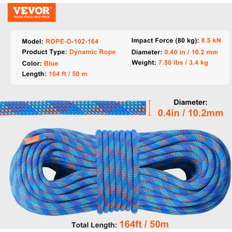 Spring Dynamic Rope VEVOR 10.2mm Dynamic Climbing Rope, 50M(164ft) Outdoor Rock Climbing ...
