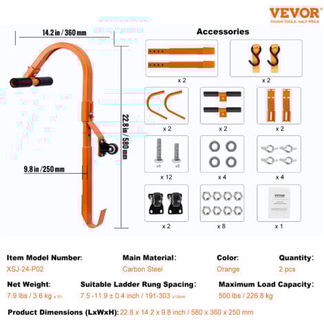VEVOR Ladder Roof Hook, 2 Pack with Wheel Heavy Duty Steel Ladder Stabilizer, Roof Ridge Extension Rubber Grip T-Bar for Damage Prevention, 500 lbs Weight Rating, Fast & Easy to Access Steep Roofs