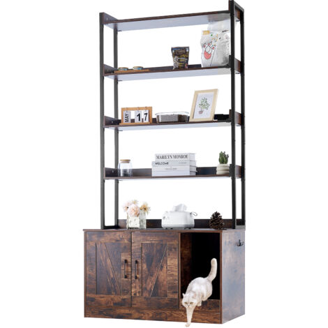 VEVOR Cat Litter Box Enclosure, Hidden Litter Box Furniture with 4 Storage Shelves, Wooden Cat Washroom Indoor, Large Cat House Cabinet Hidden Fit Most Litter Box, 33.5"L x 19.3"W x 72.3"H, Dark Brown