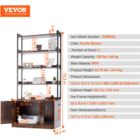 VEVOR Cat Litter Box Enclosure, Hidden Litter Box Furniture with 4 Storage Shelves, Wooden Cat Washroom Indoor, Large Cat House Cabinet Hidden Fit Most Litter Box, 33.5"L x 19.3"W x 72.3"H, Dark Brown