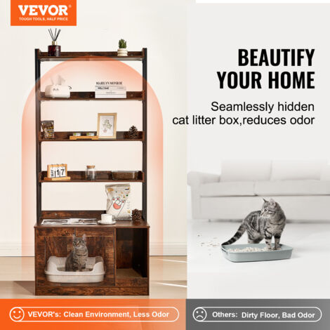 VEVOR Cat Litter Box Enclosure, Hidden Litter Box Furniture with 4 Storage Shelves, Wooden Cat Washroom Indoor, Large Cat House Cabinet Hidden Fit Most Litter Box, 33.5"L x 19.3"W x 72.3"H, Dark Brown