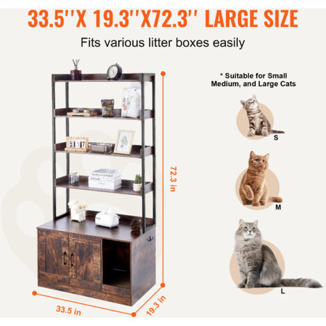 VEVOR Cat Litter Box Enclosure, Hidden Litter Box Furniture with 4 Storage Shelves, Wooden Cat Washroom Indoor, Large Cat House Cabinet Hidden Fit Most Litter Box, 33.5"L x 19.3"W x 72.3"H, Dark Brown