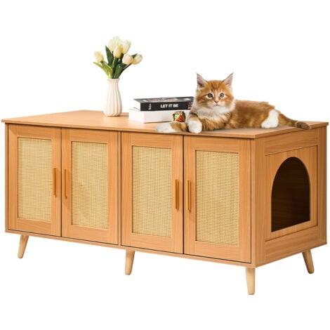 VEVOR Cat Litter Box Enclosure for 2 Cats, Litter Box Furniture Hidden with Rattan Decorated Doors, Wooden Cat Box Cabinet Fit Most of Litter Box, 47.2"L x 19.7"W x 21.7"H, Natural