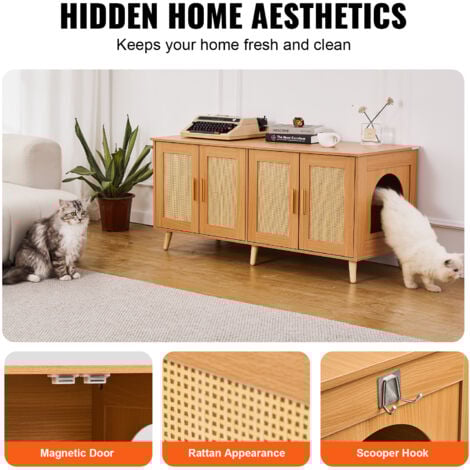 VEVOR Cat Litter Box Enclosure for 2 Cats, Litter Box Furniture Hidden with Rattan Decorated Doors, Wooden Cat Box Cabinet Fit Most of Litter Box, 47.2"L x 19.7"W x 21.7"H, Natural