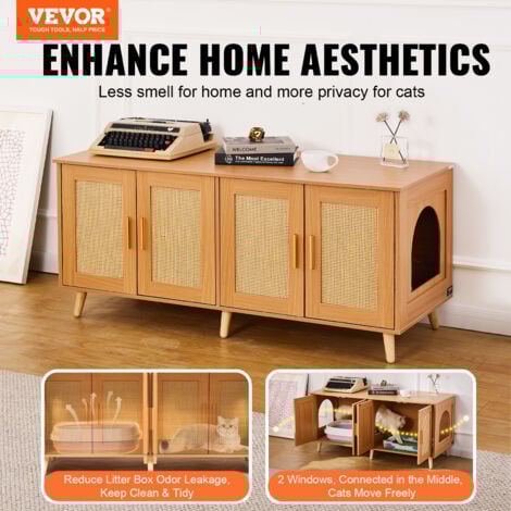 VEVOR Cat Litter Box Enclosure for 2 Cats, Litter Box Furniture Hidden with Rattan Decorated Doors, Wooden Cat Box Cabinet Fit Most of Litter Box, 47.2"L x 19.7"W x 21.7"H, Natural