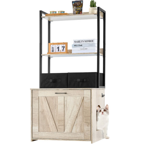 VEVOR Cat Litter Box Enclosure, Hidden Litter Box Furniture with 2 Storage Shelves & 2 Baskets, Wooden Cat Washroom Indoor, Cat House Cabinet Fit Most of Litter Box, 23.6"L x 19.7"W x 50"H, Natural